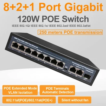 Visą Gigabit POE Tinklo Ethernet Switch Nevaldomas Hub 120W 8 POE +2 RJ45 +1 SFP Uplink Prievadų 1000Mbps 802.3 Af Ne VAIZDO
