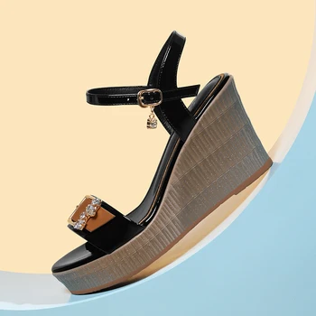 AUTUSPIN 8cm Moterų Sandalai Mados Mišrios Spalvos Kristalų Platforma Pleišto Kulniukai Vasaros Šalis Office Lady Paplūdimio Kulkšnies Buckle Batai