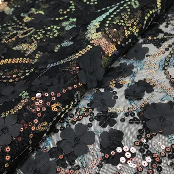 3D Gėlių Nėrinių Audinys su Blizgančiais Aukštos Kokybės prancūzų Embroidere Tiulio Afrikos Audinio Vestuvės Dress Siuvimo GNW-301